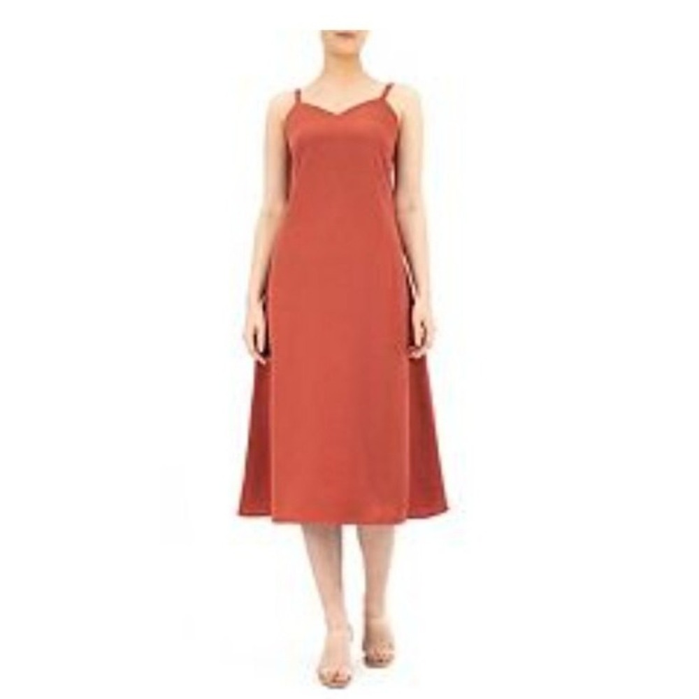 Nina Leonard Womens Copper Midi Slip Dress V-Neck Satin Sleeveless Medium NEW